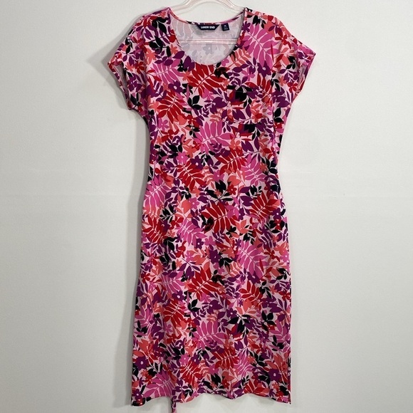 Lands'End Cotton Pullover Dress Leaf Print Cap Sleeve Women's Medium - Picture 2 of 13